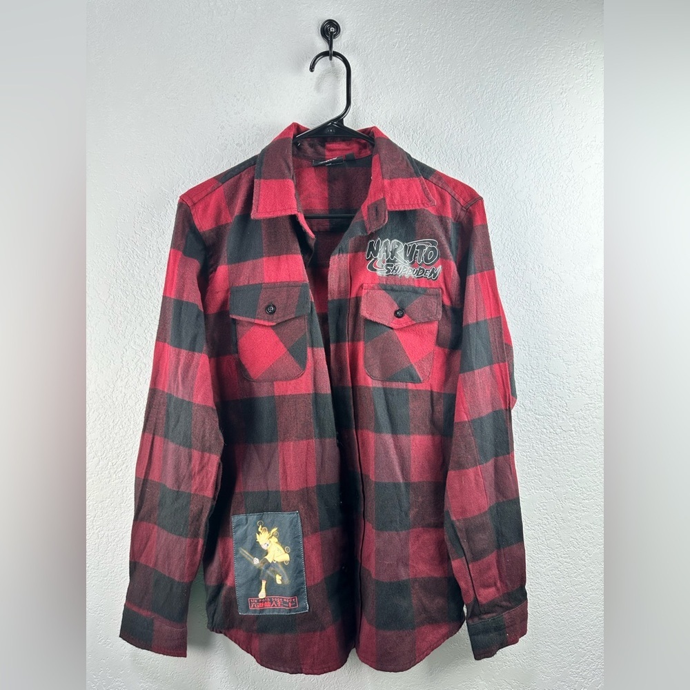 Naruto Shippuden Flannel Shirt Men Sz Small Red Plaid Button Long Sleeve Shirt